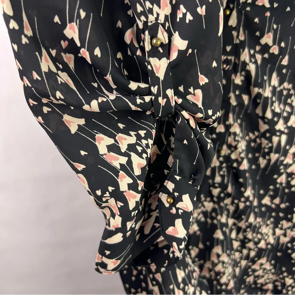 Lauren Conrad Black Pink Heart Print Blouse, XL, Button Front, Romantic Chic - Image 5