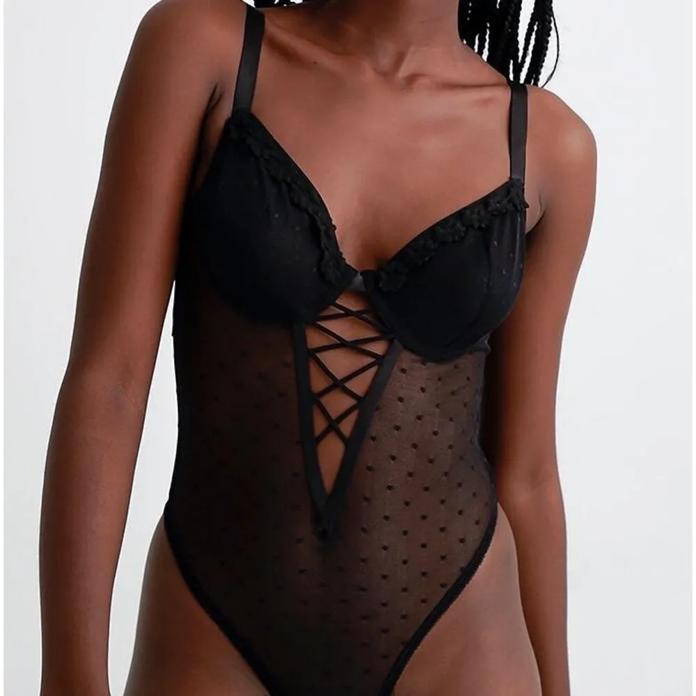 Black Mesh Lace Detail Polka Dot Thong Bodysuit Size L - Image 2