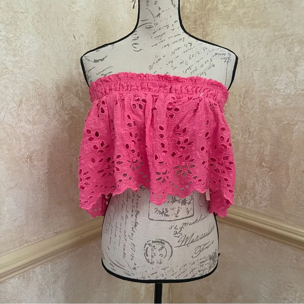 Free People One Perla Eyelet Lace Off Shoulder Pink/Rose Crop Top Size S $88 - Image 2