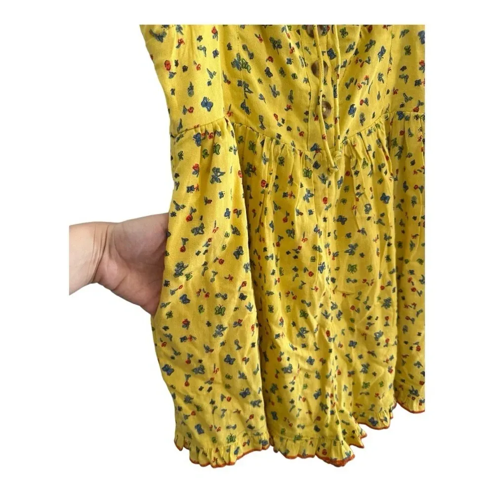 Urban Outfitters Yellow Linen Floral and Butterfly Print Short Romper // Medium - Image 4