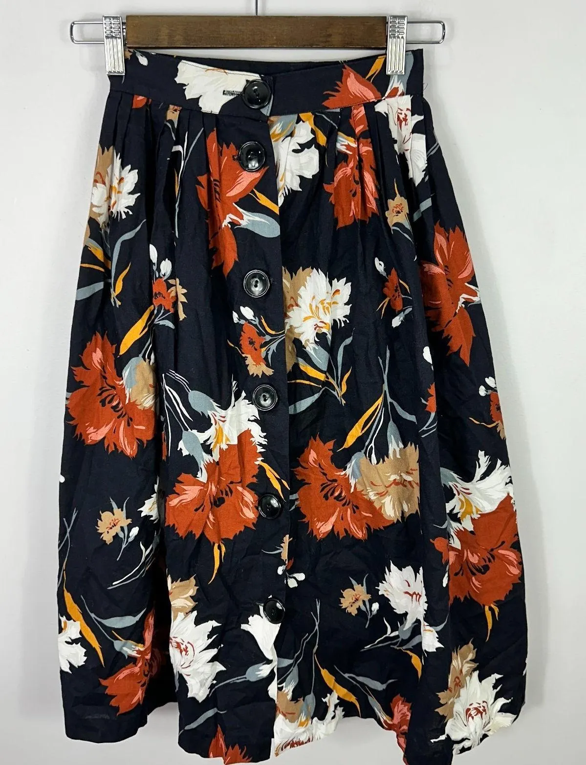 Vintage Women 4 Skirt Black Floral Button Front Midi Boho Cottage 90s Romantic - Image 1
