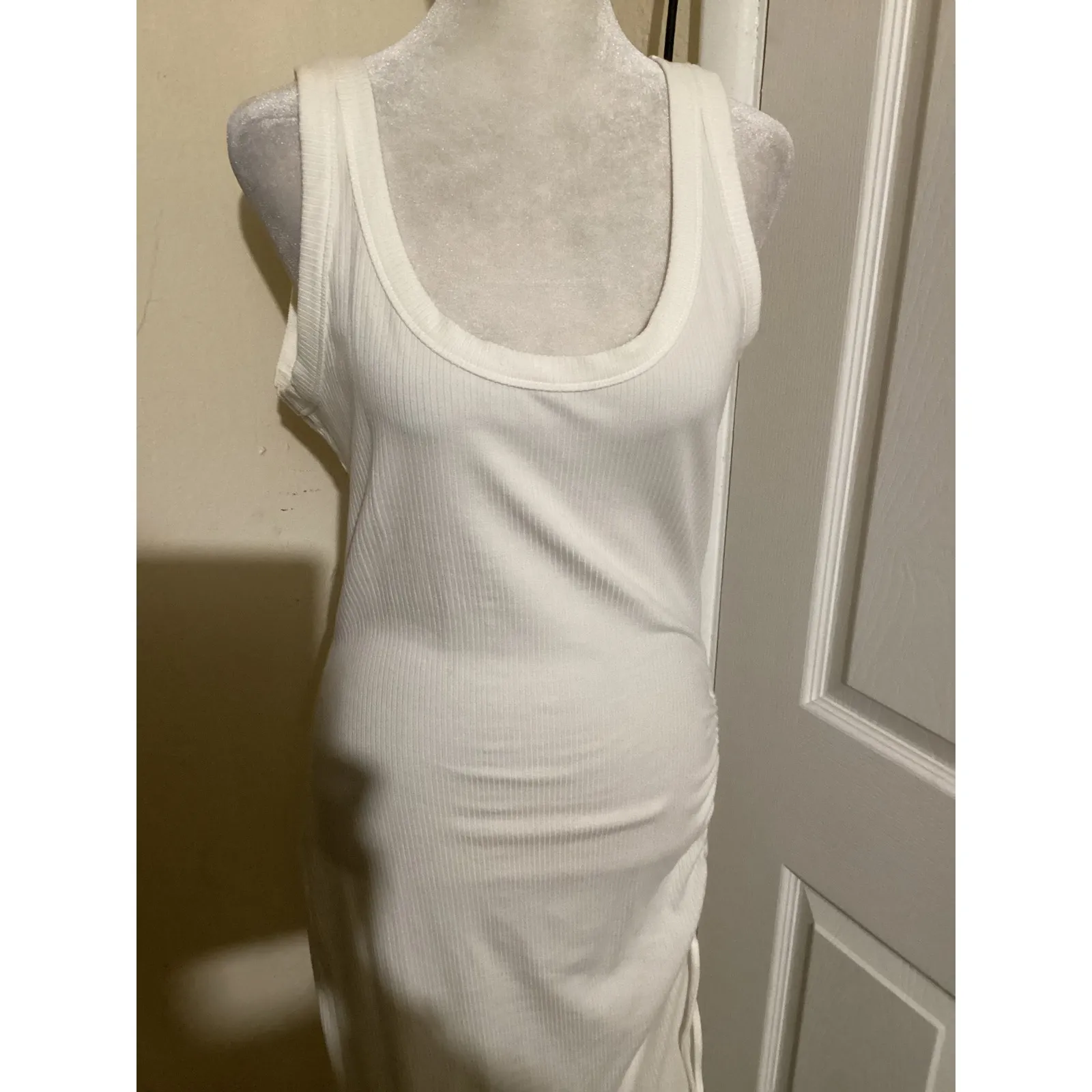 LSPACE White Ribbed Ruched Tank Midi Dress L G - Image 3