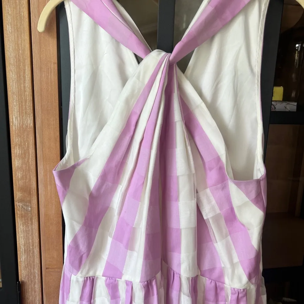 KATE SPADE Size 14 Gingham Organza Halter Dress Lilac Zip Cotton Silk Fit Flare - Image 9