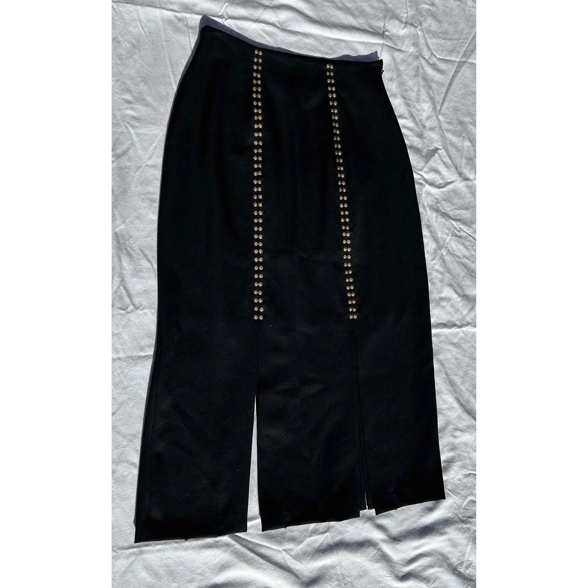 Erez Collections Midi Bedazzled Skirt 100% Wool Gold Studs Slits Black Women's S Size 12 - Image 3