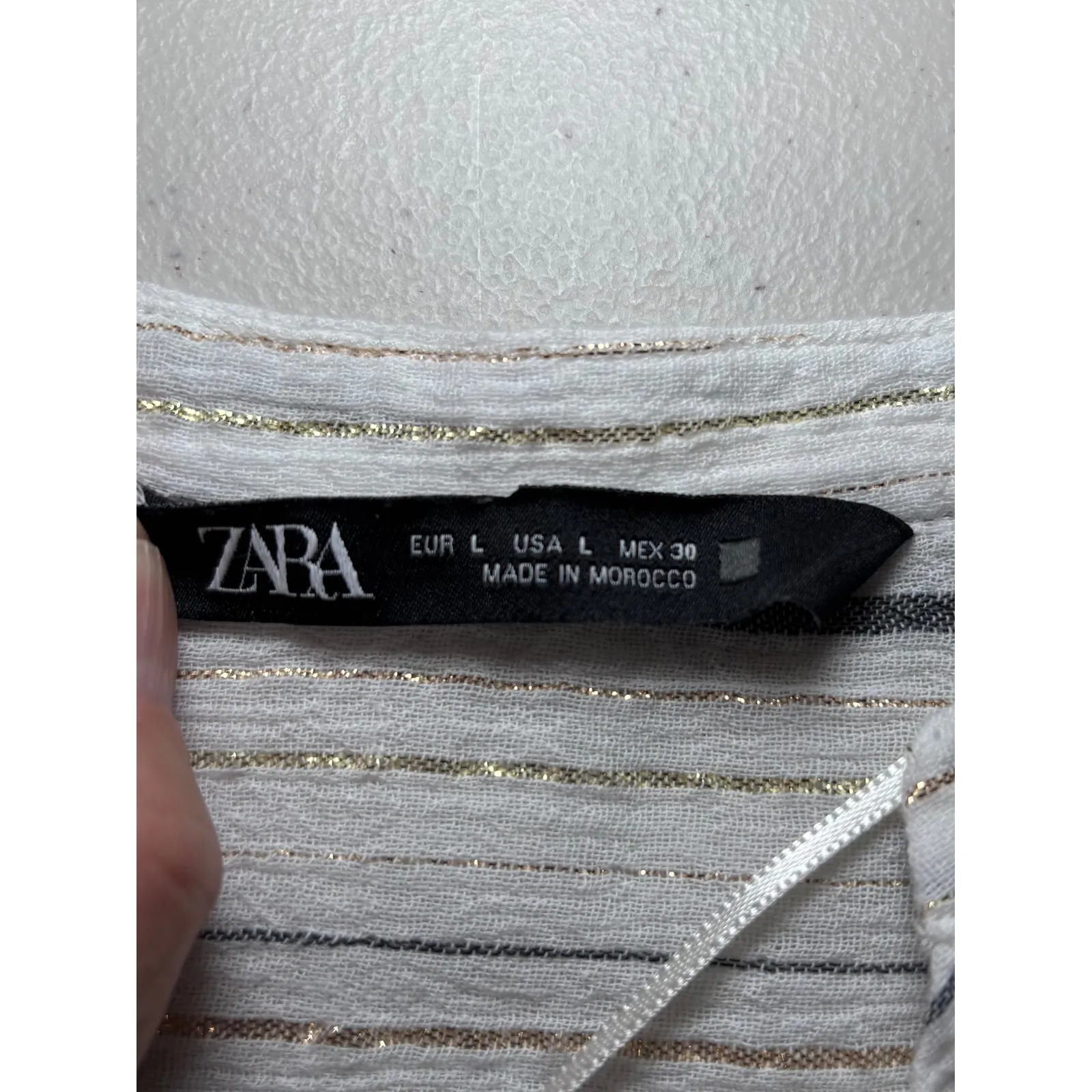 Zara White Metallic Striped Cotton Blend Button Down Flowy Top Large Lightweight - Image 5