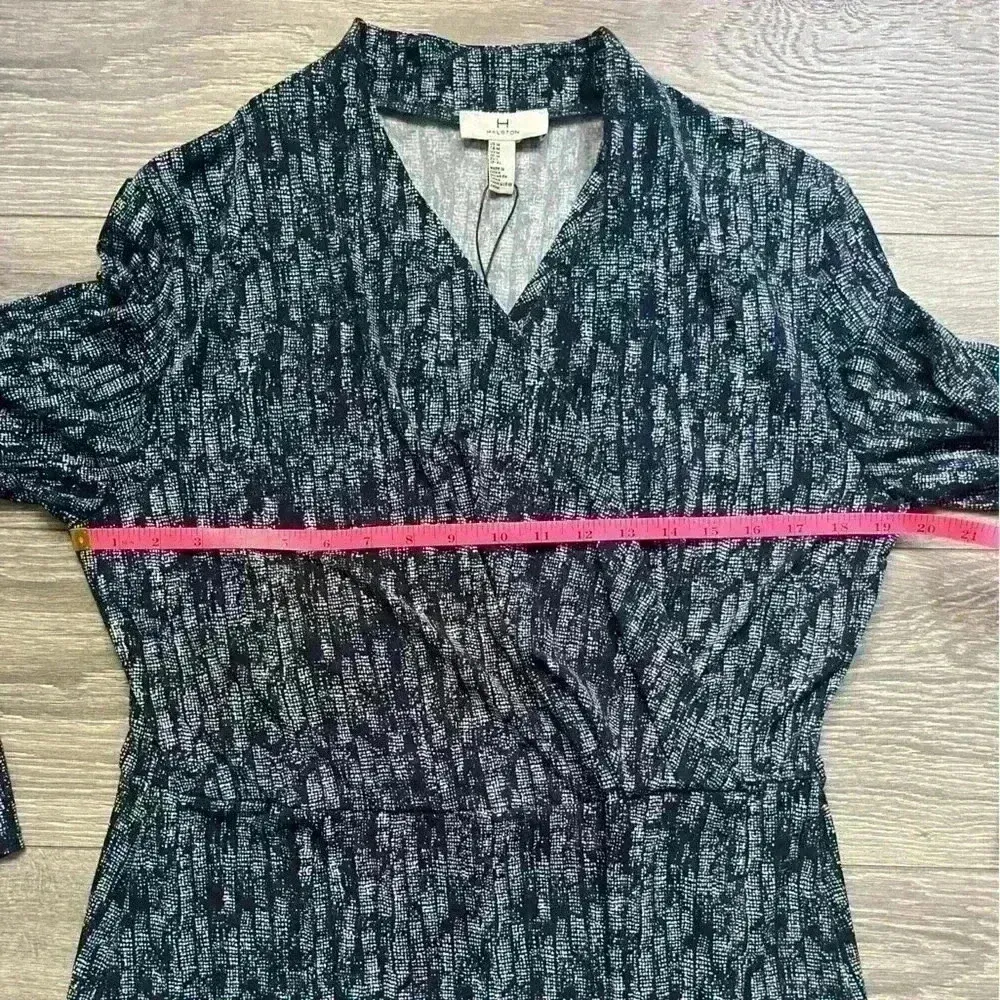 NEW H Halston Blue Print Long Sleeve Faux Wrap Midi Dress Size M Career Work - Image 7