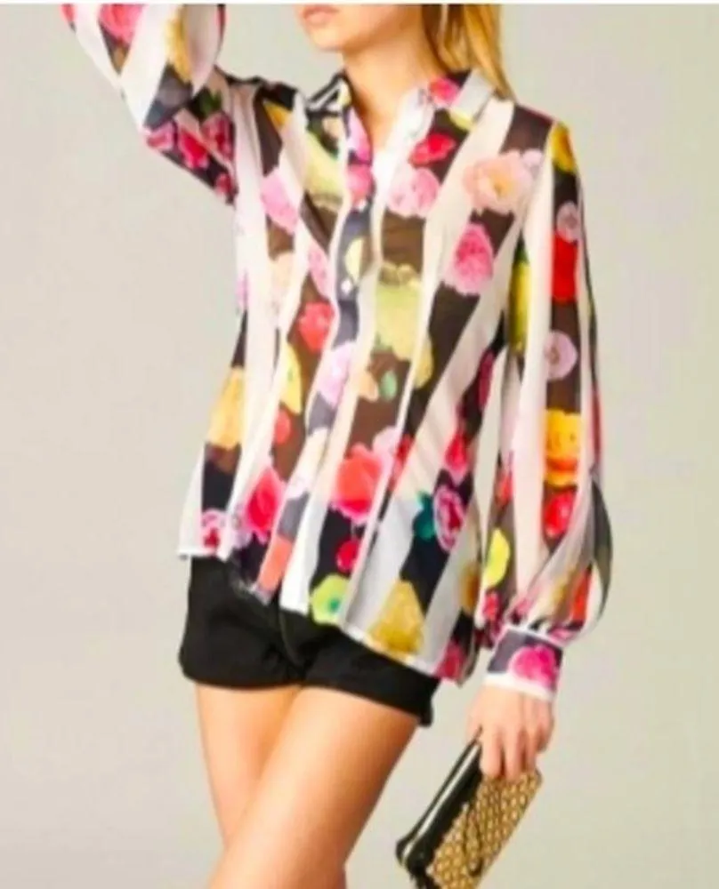 T.O.V. Multicolor Floral Striped Collared Button Up Sheer Blouse RARE 42 Euro L Size L - Image 8
