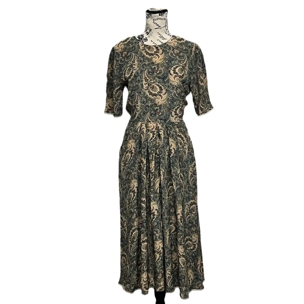 Michelle Stuart Vintage Paisley Midi Dress M Cottagecore Modest Peasant Boho Green - Image 2
