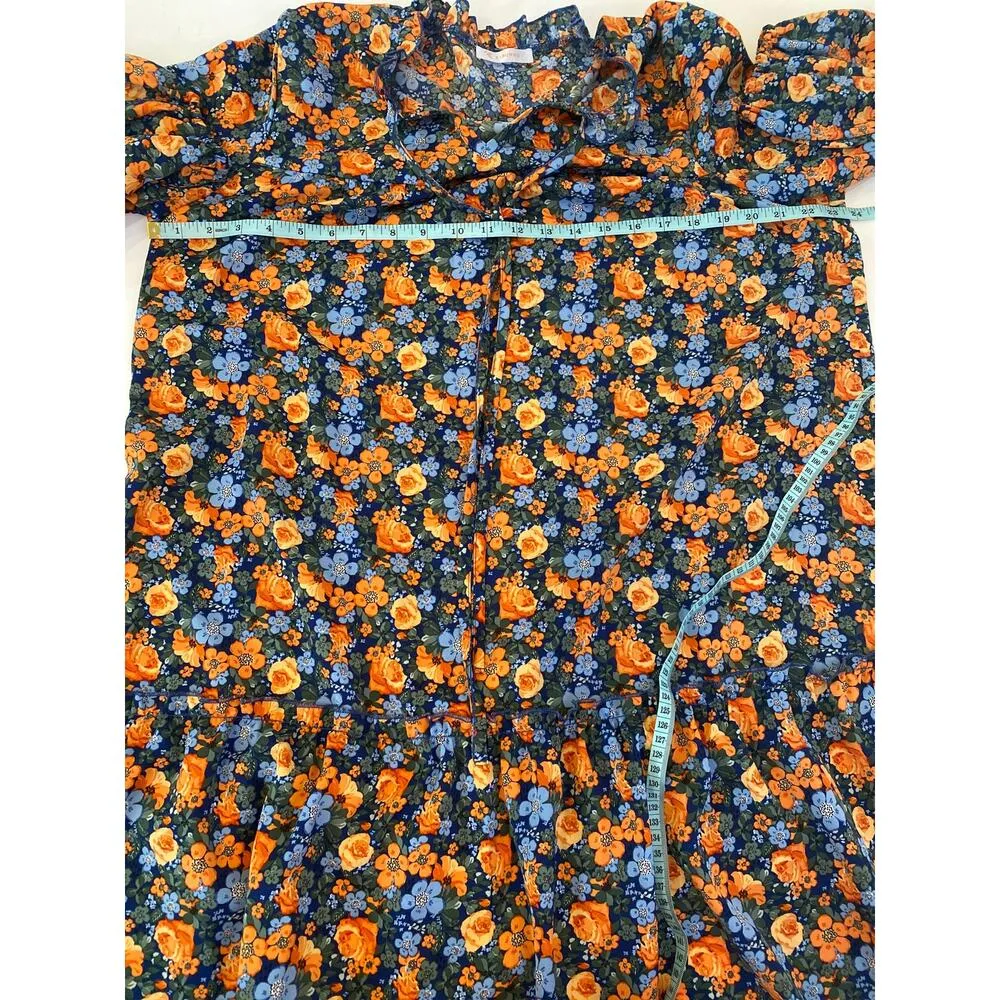 Kirundo Floral Mini Shift Dress EUC Sz Lg Ruffle Hem Neck Tie Polyester Light Orange - Image 8