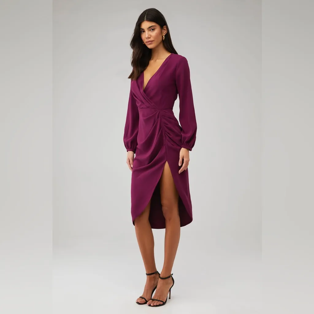 Amanda Uprichard Roma long sleeves v neck silk Aubergine plum Dress M - Image 2