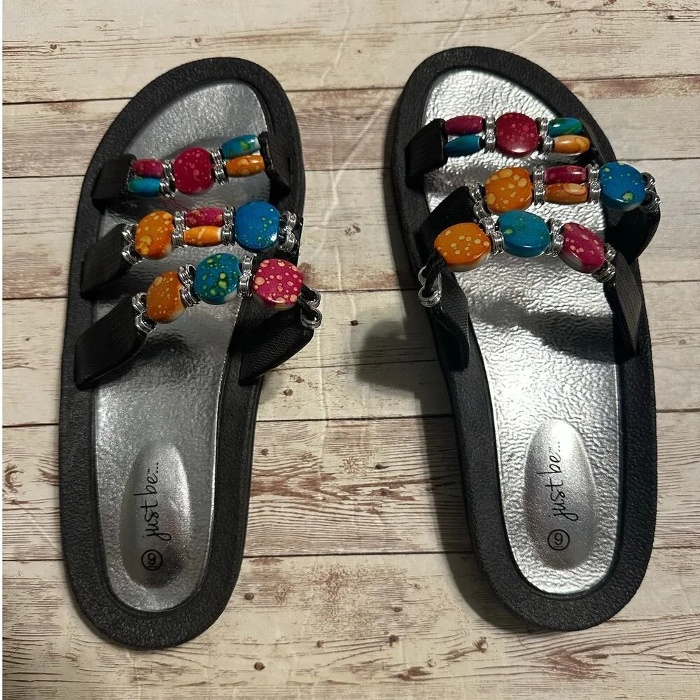 Just Be Sandals Women's Size 9 Bead Stones Multicolor Colorful Boho Slip - Image 3