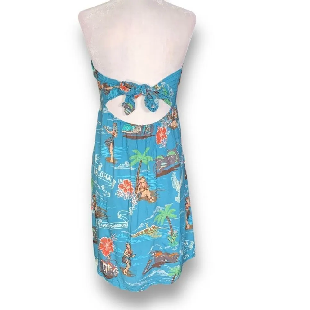 Vintage 90s Harley Davidson Dress Blue Strapless Floral Tropical Print Open Back - Image 3