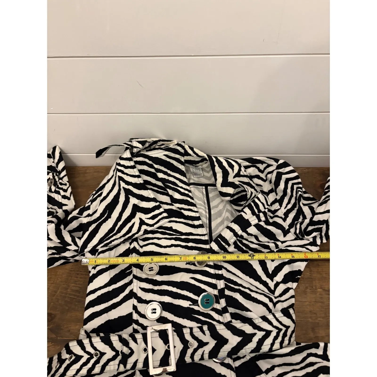 Just B Zebra Print Trench Coat Women's Small Belted Double Breasted Animal Black - Image 5