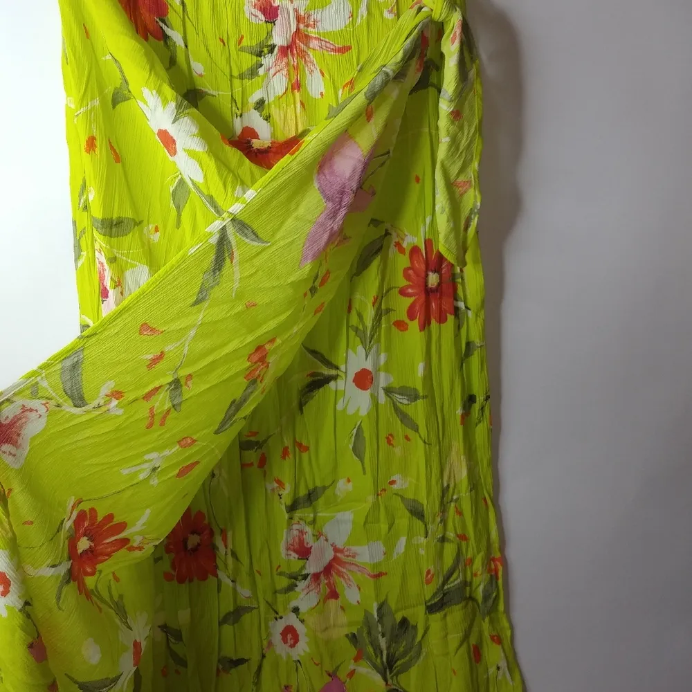 NY&Co. L Neon Floral Faux Wrap Maxi Skirt in Lime Red Size L - Image 3