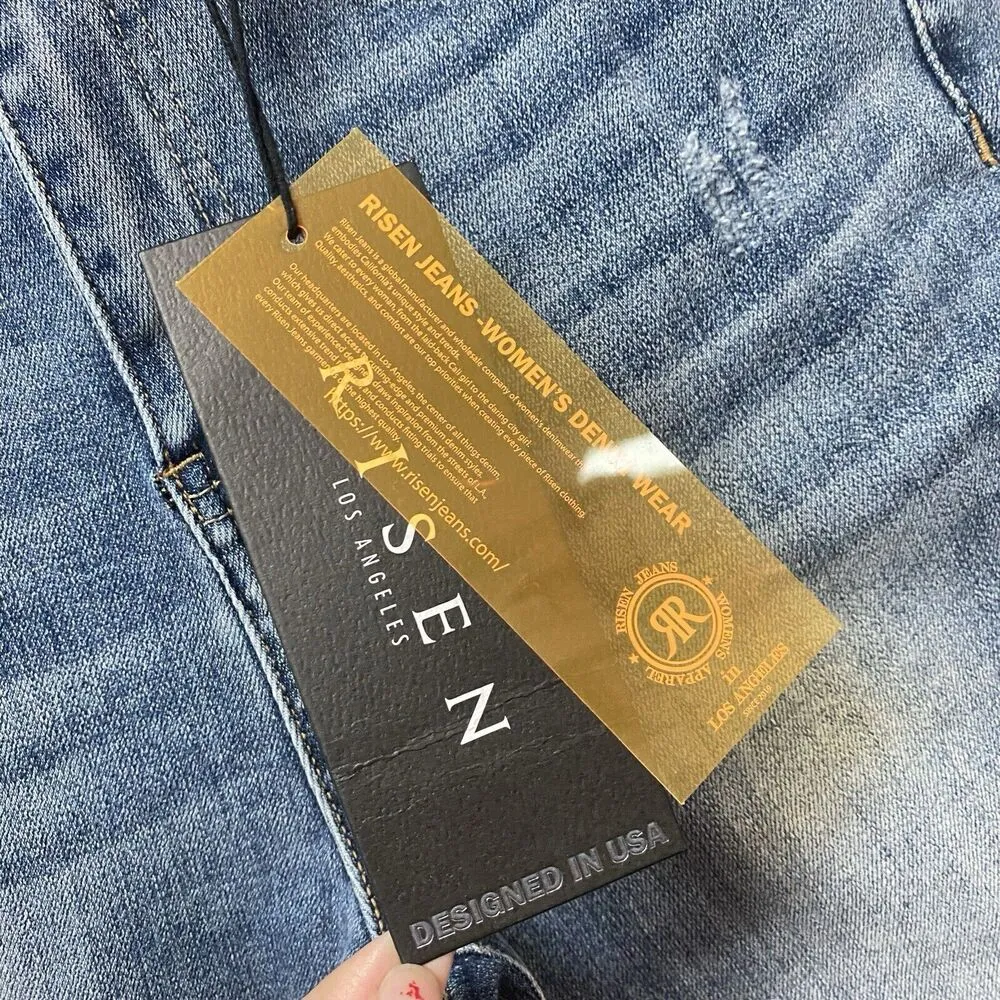 Risen High Rise Crop Flare size 5/27 Medium Wash Distressed Stretch - Image 13