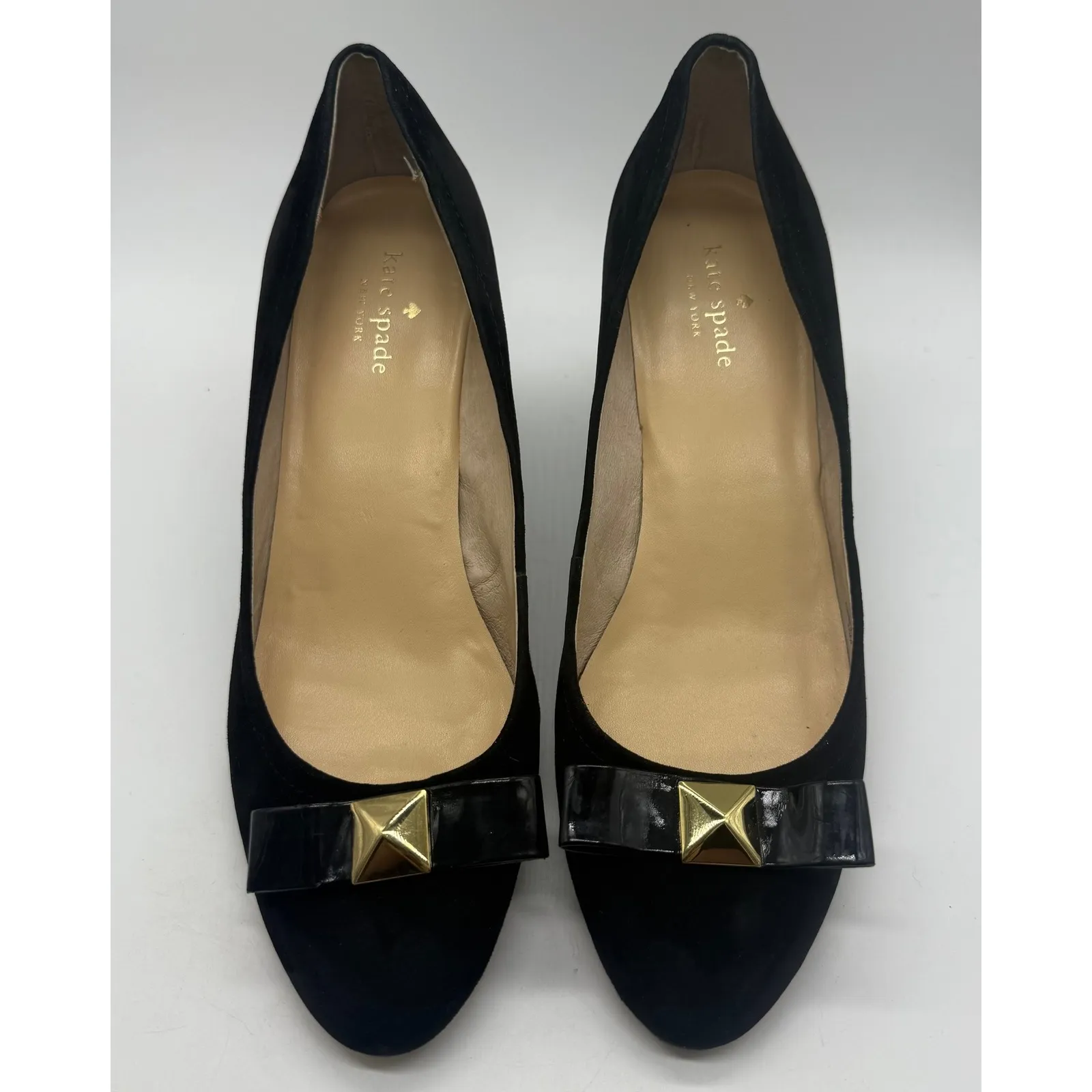 Kate Spade Black Suede Wedge Heels with Patent Bow and Gold Studs - Size 10M - Image 2