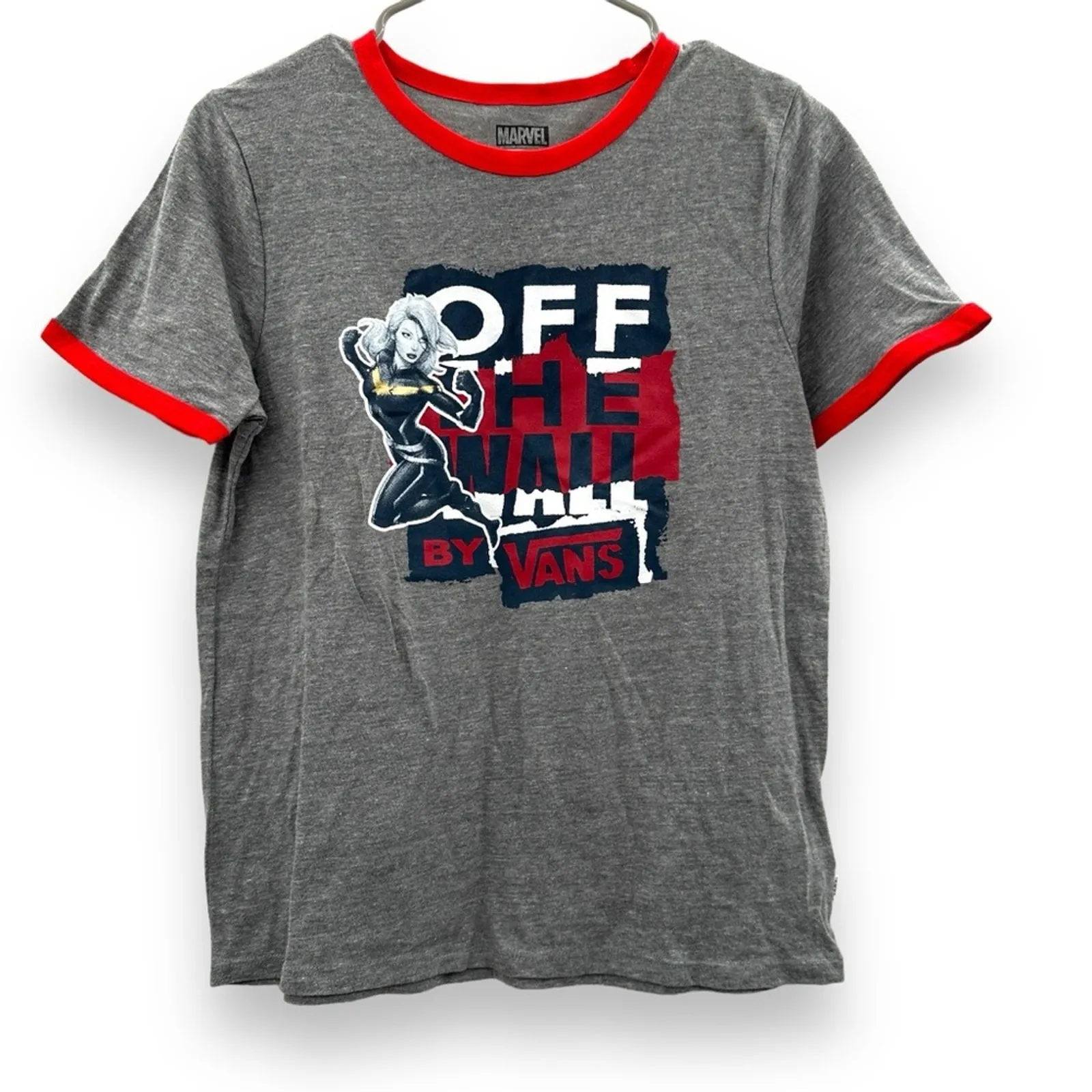 Vans Off The Wall Women's X Captain‎ Marvel Ringer Tee Shirt in Grey Racing Red - Image 3