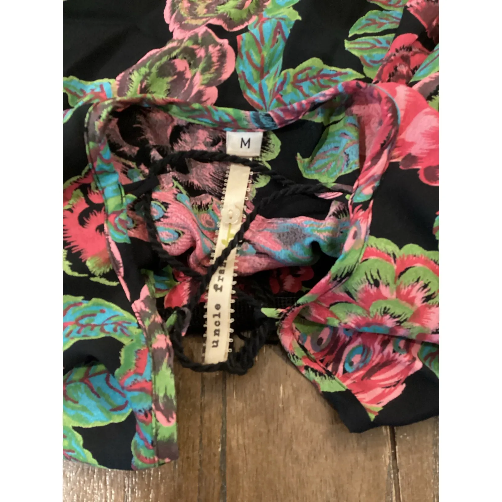 Uncle Frank black and floral fringe tunic bell sleeve short dress M - Image 8