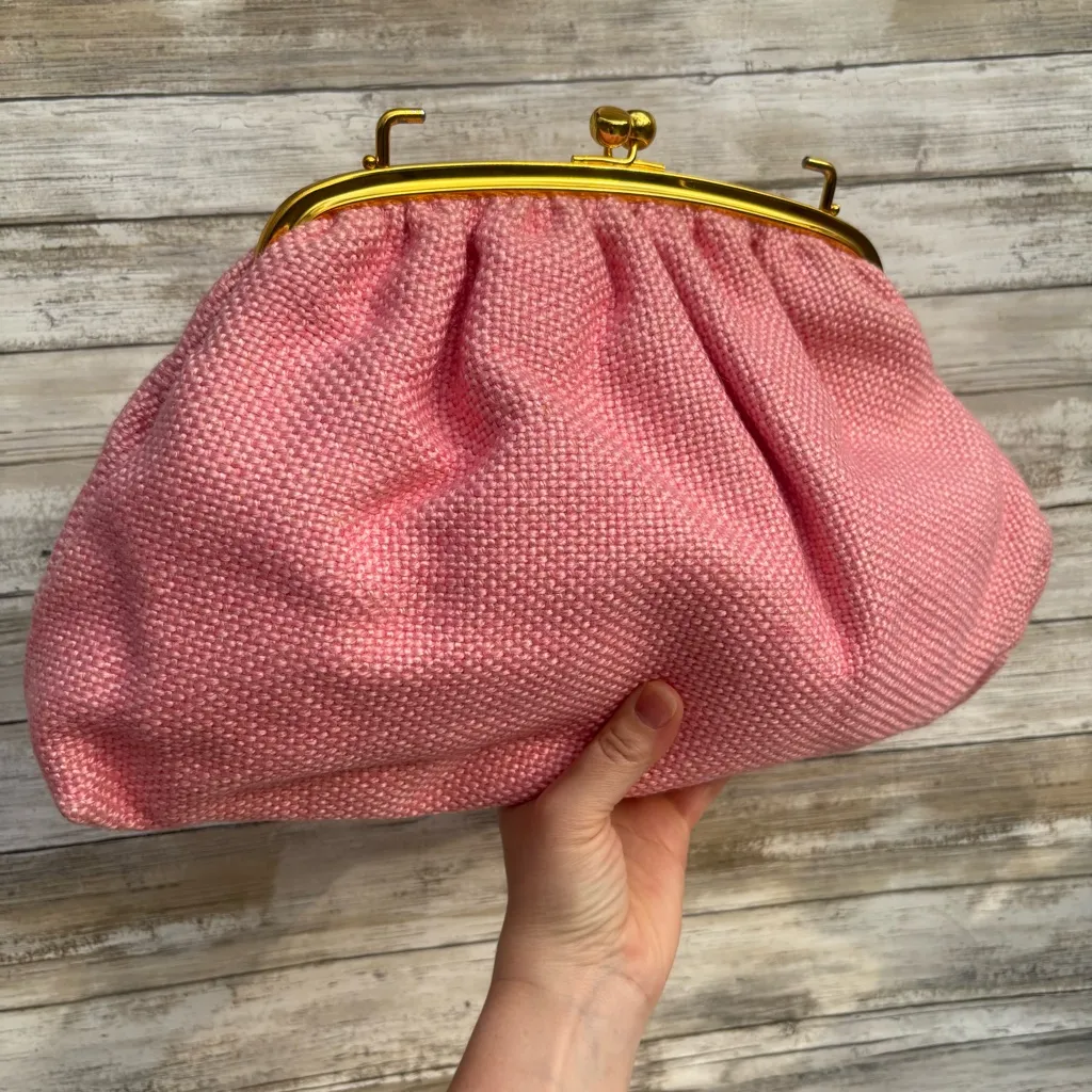 VTG Kisslock Clutch Purse Pink Large Soft Woven Fabric JR Florida Retro Coquette - Image 2