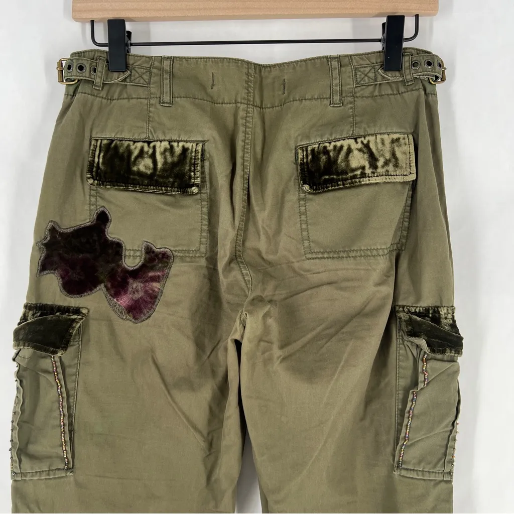 Express Vintage Y2K Olive Cargo Pants Floral Velvet Patch Appliqué Roll Tab 4‎ - Image 8