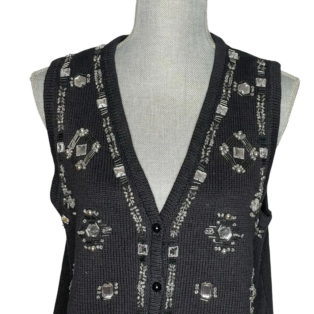 Vintage 90s SML Sport Black Knit Vest M Beaded Sequin Embellished Ramie Cotton Size M - Image 5