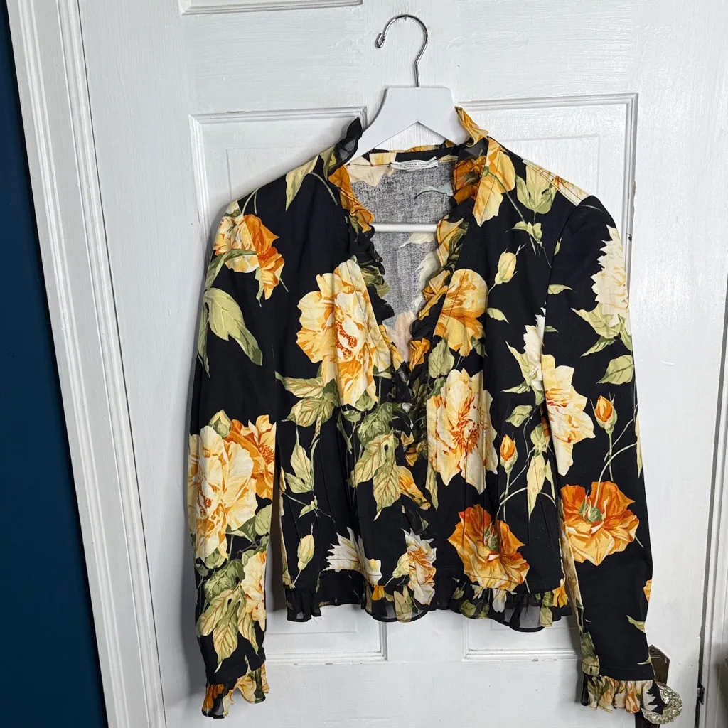 St. John Sport by Marie Gray Floral Ruffle Trim Blazer Jacket W1888 Sz 2 Black - Image 2