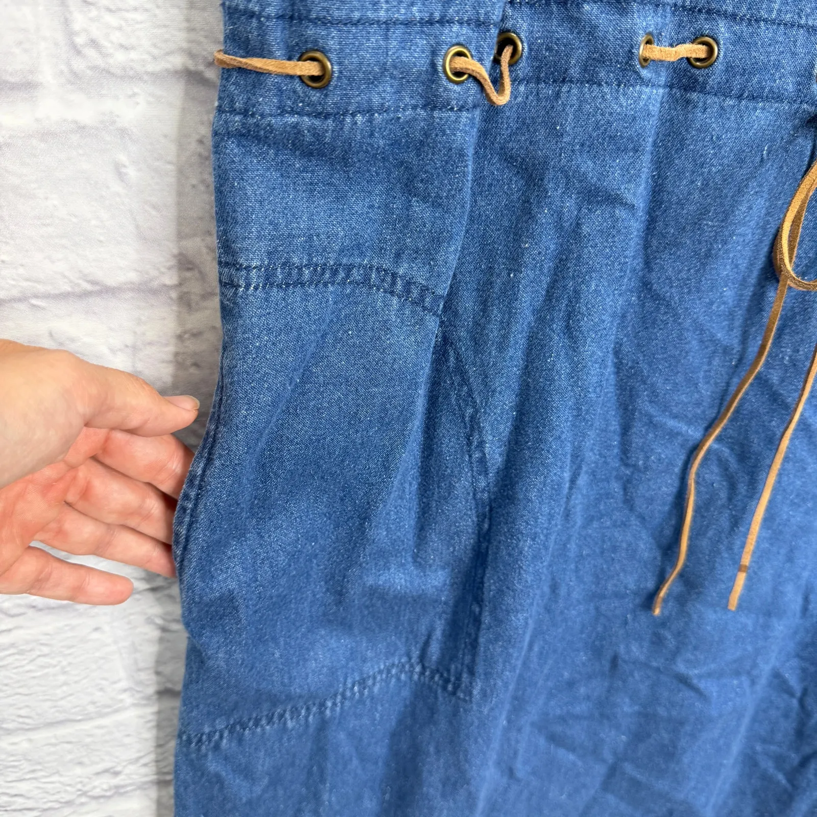 Vintage Original TY Wear Sleeveless Denim Dress Size 18 Midi Jumper Tie Belt New Blue - Image 4