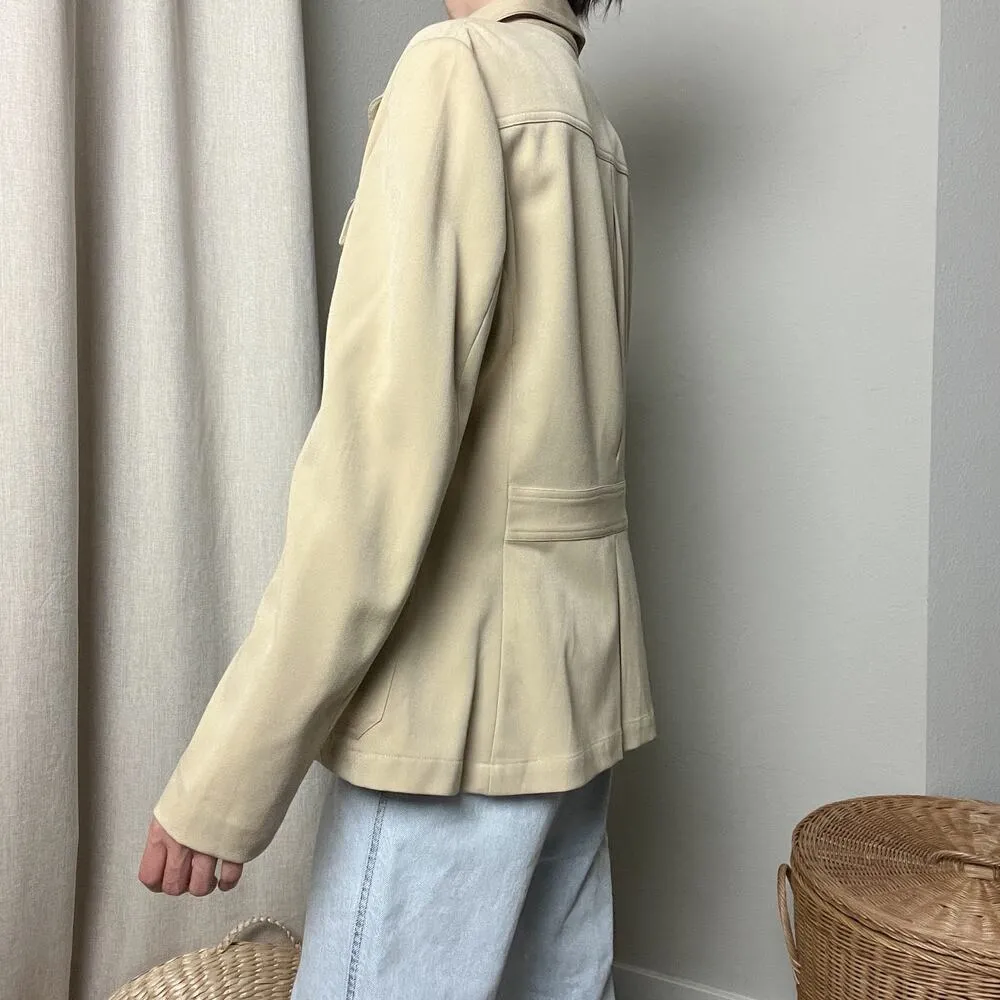 vintage 90s beige minimalist classic collared button chore pocket blazer jacket Tan Size M - Image 5