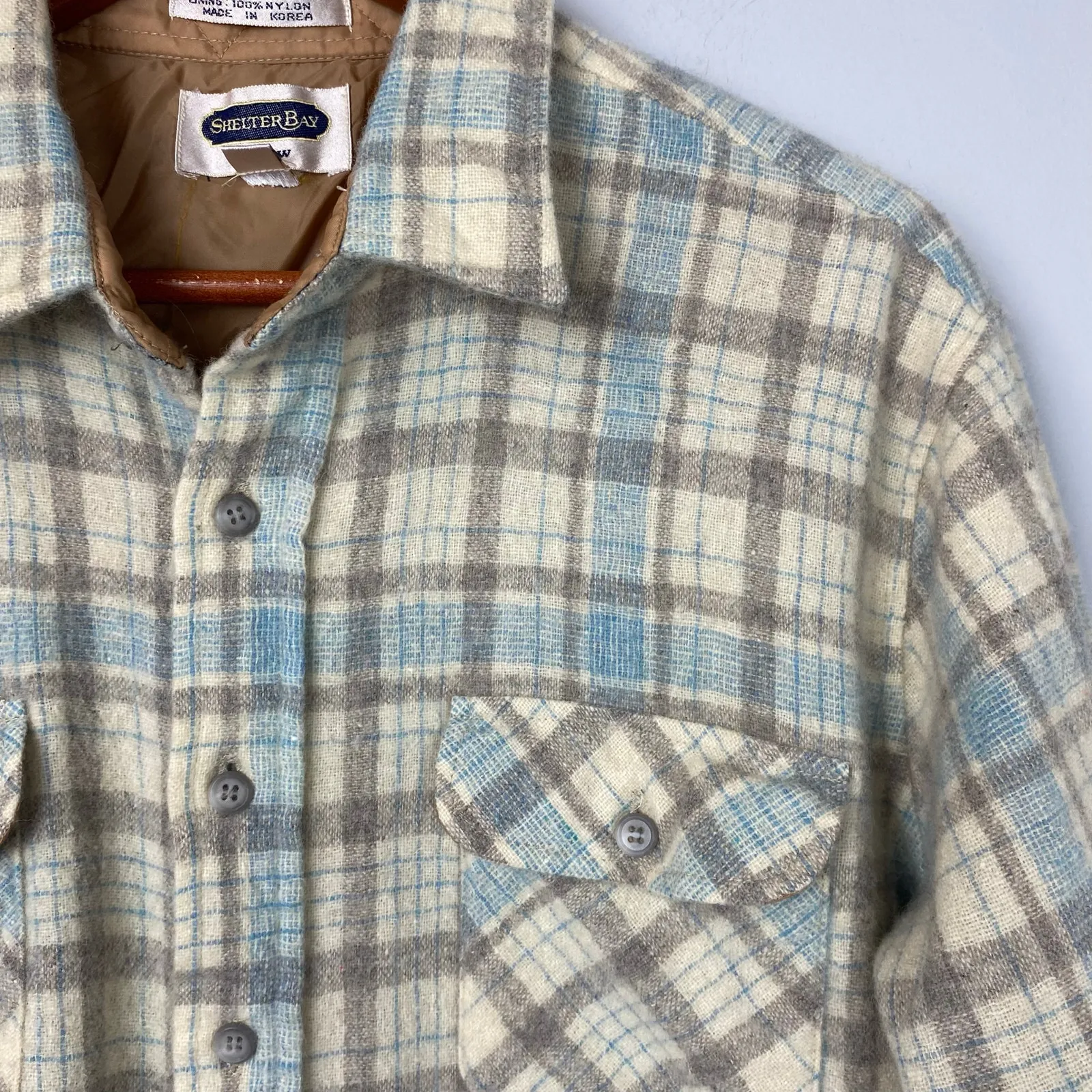 Vintage 70s/80s Shelter Bay by Arrow Gray Plaid Wool Blend Button Down Shirt XL - Image 2