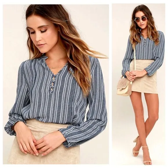 Lulus Sandy Shore Navy Blue Print Long Sleeve Top - Image 2