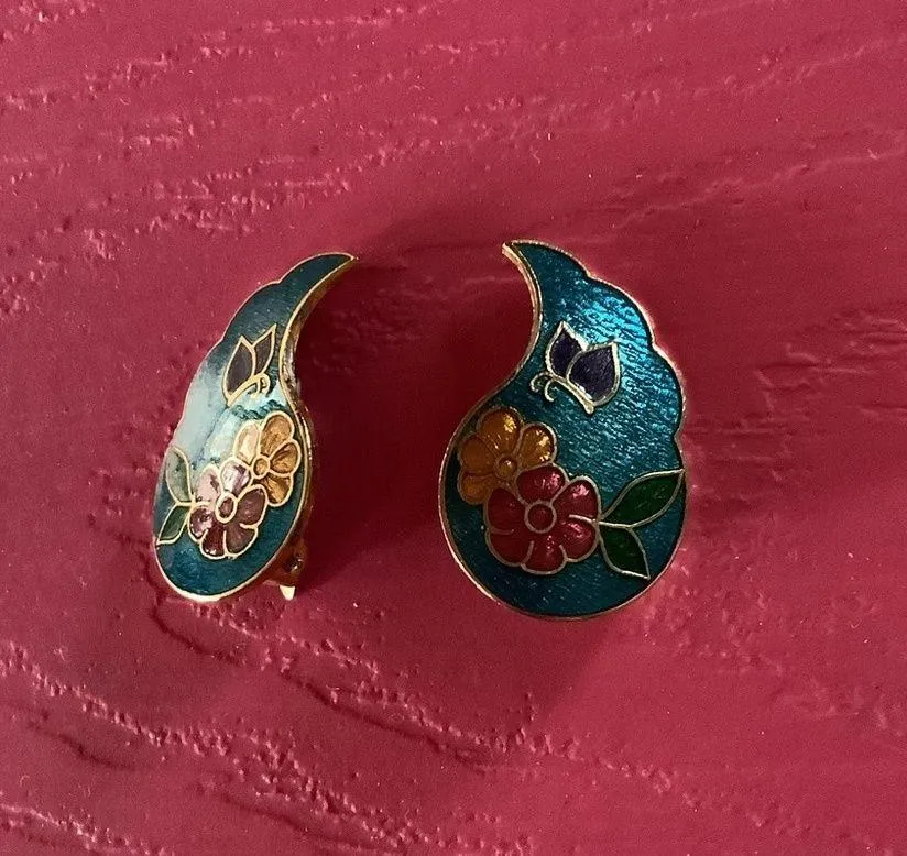 Vtg cloisonné earring multicolor floral - Image 2