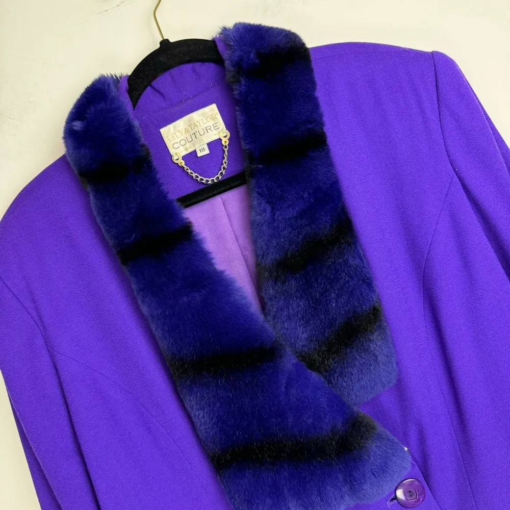 Vintage Lily & Taylor Couture Womens Wool Fox Fur Trim Jacket Coat Sz 18 Purple - Image 5