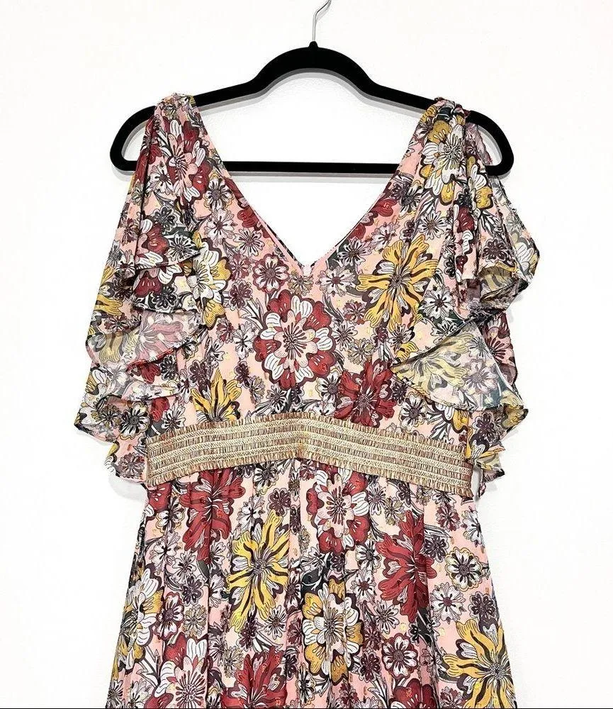 Taylor Pink Floral Flutter Sleeve High Low Midi Dress Size 4 Gold - Image 3