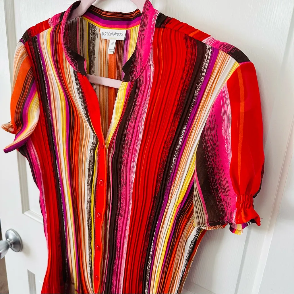 Y2K Fashion Bug Multicolor Striped Stretch Pleated Button Down Blouse Size M - Image 2