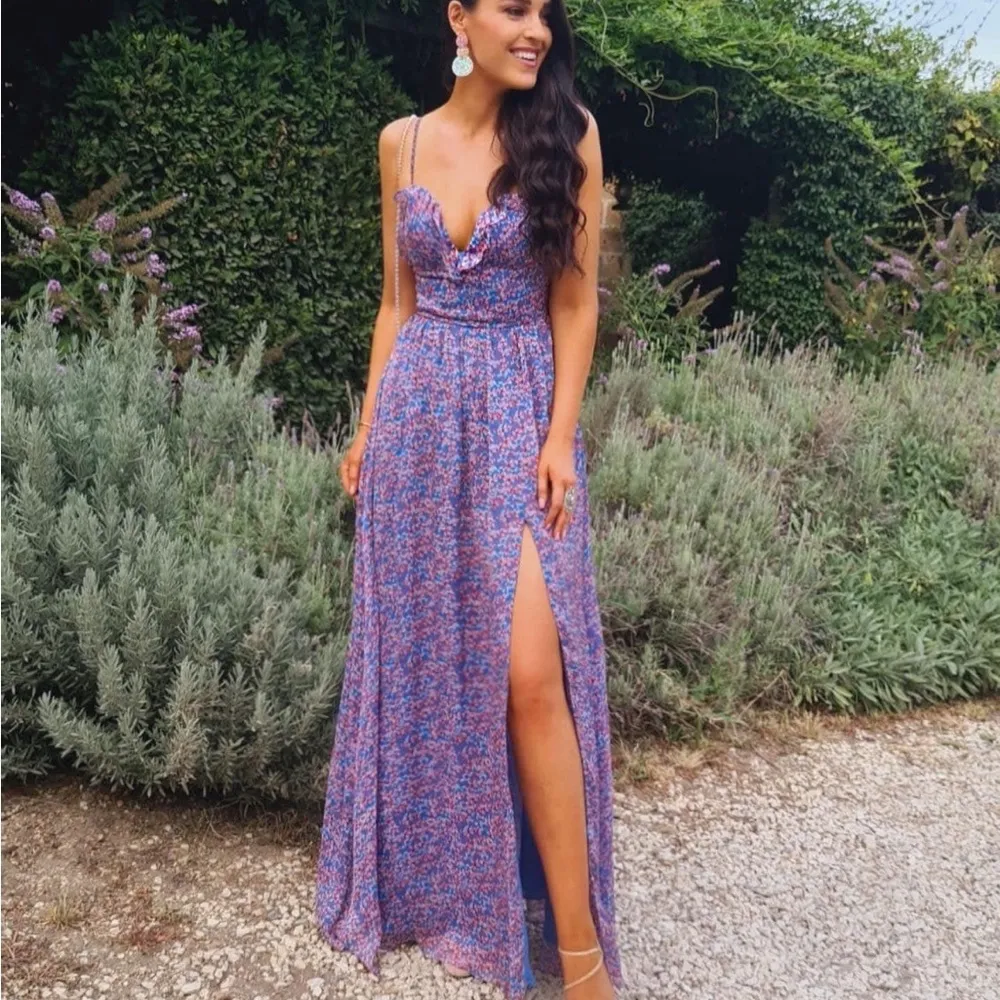 NEW NWT Sau Lee Florence Silk Gown Ruffle Sweetheart Slit Chiffon Maxi Size US 4 Blue - Image 5