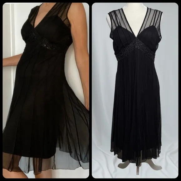 Mixit Black Midi Dress Beaded Sheer Panels Women’s Size 8 LBD Cocktail Dancing - Image 2