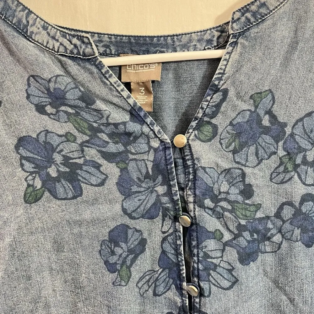 Chicos Womens Blue Top Floral Print Button Rope style Sz 3 XL  Lyocell Boho - Image 3