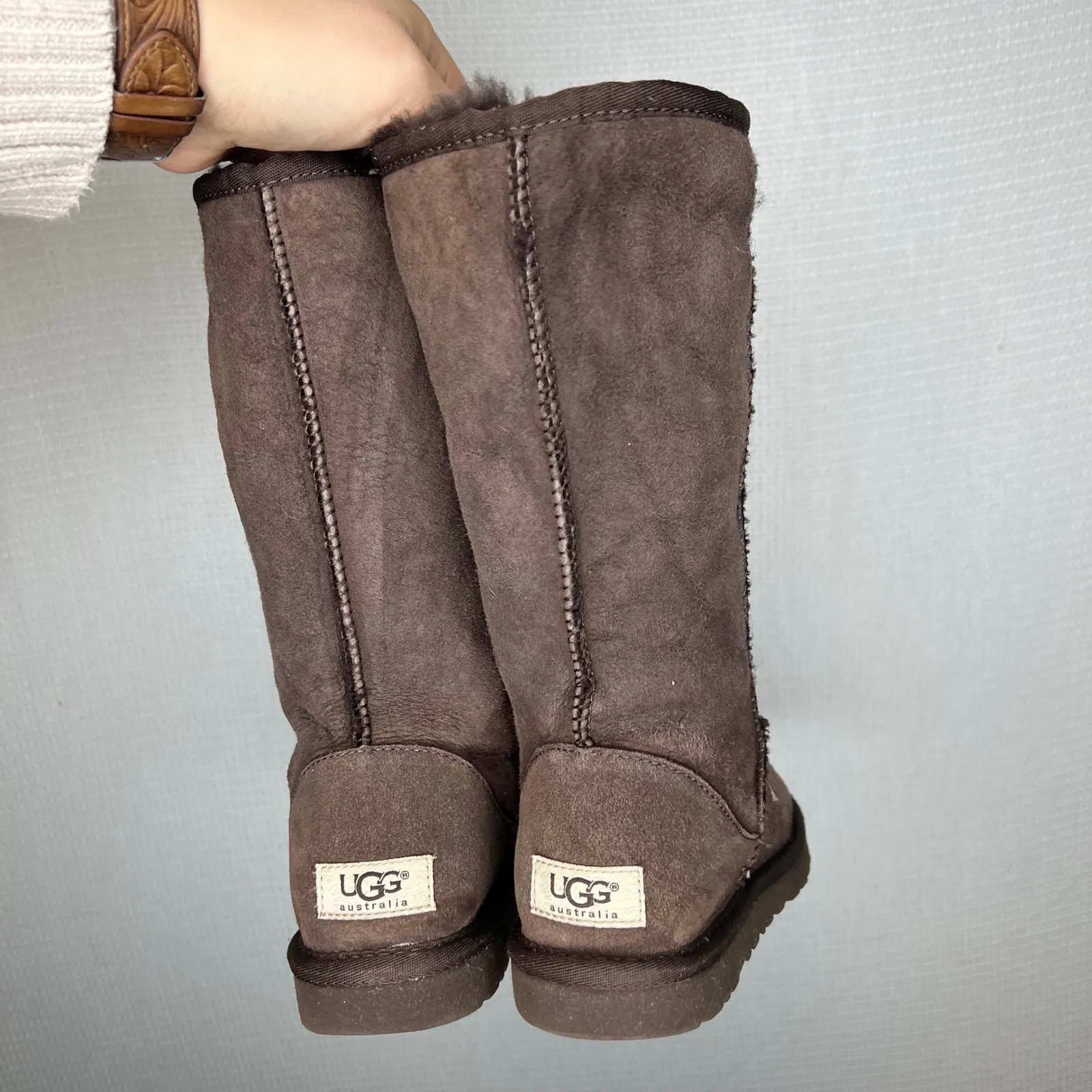 UGG Australia Tall Boots Brown Suede Sheepskin Lined Women Size 5 - Image 3