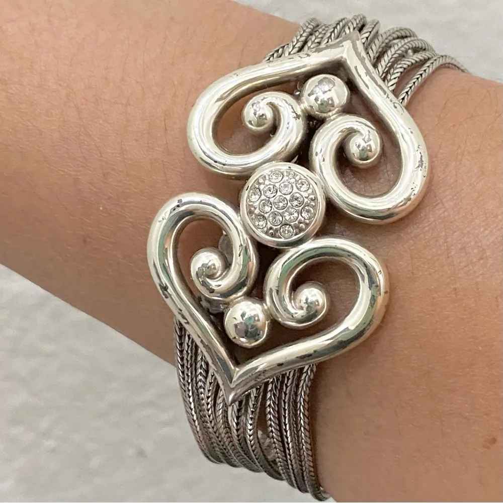 Rare BRIGHTON Alcazar Swing Bracelet Double Heart Pave Silver Chain Bracelet 67g - Image 3