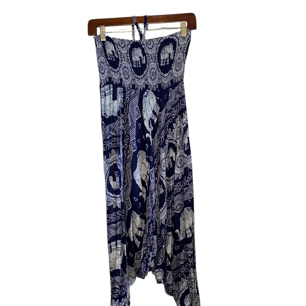 Bohemian Harem Yoga Drop Crotch Cotton Blue Elephant print romper / jumpsuit Size L - Image 3