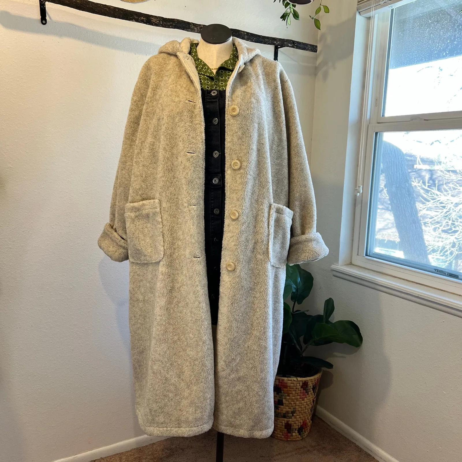 Vintage 90s Cream Plush Reversible Silk Long Oversized Hooded Coat Size 2X White - Image 14