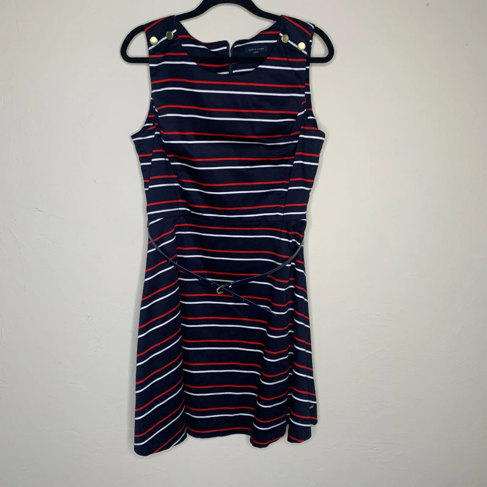Tommy Hilfiger Blue Red White Striped A Line Dress Sz 14 Gold Buttons - Image 5