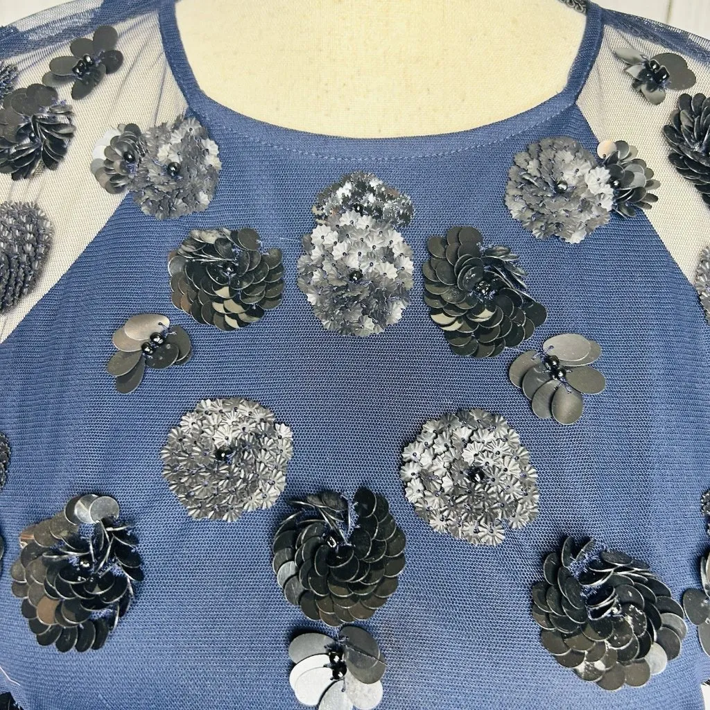 Gianni Bini A-Line Flare Dress Navy Sequin Mesh Tulle Open Back Sz 6 - Image 4