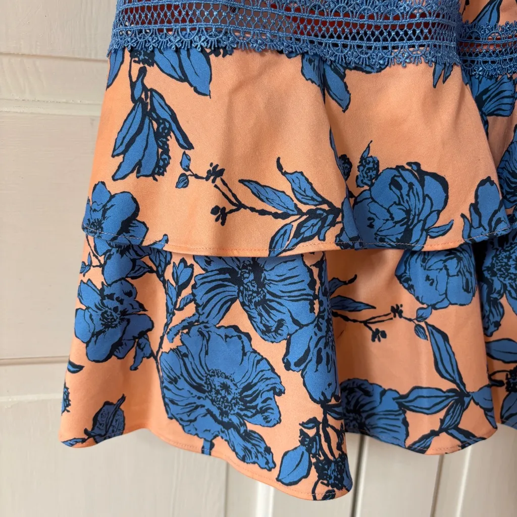 Alice + Olivia Jade Ruffled Floral Midi Dress Coral Blue Lace Illusion Size 12 - Image 13