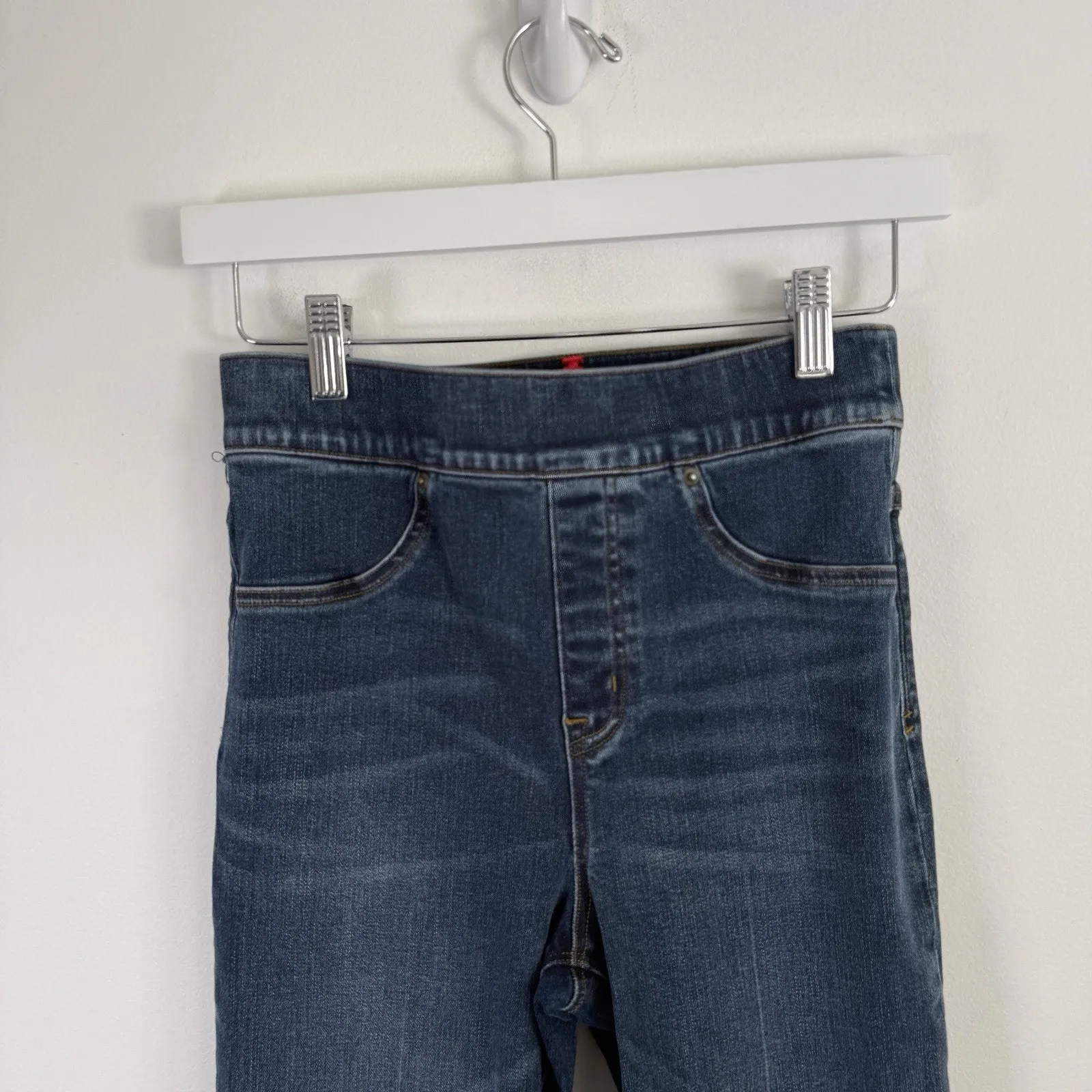 Spanx  Cropped Flare Jeans Medium Wash Pull On Stretch Raw Hem Womens Small - Image 3