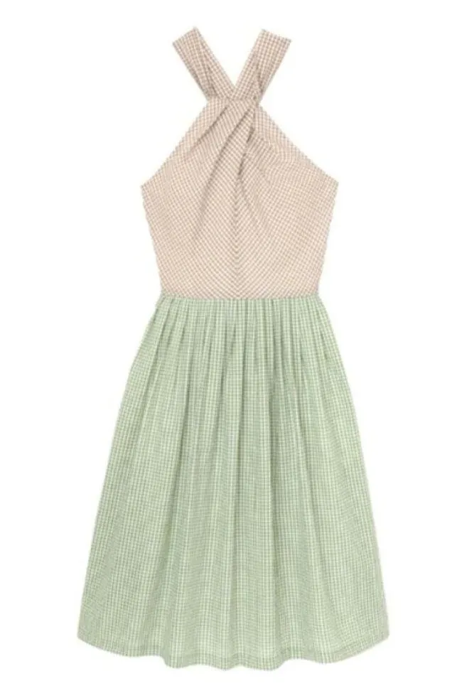 💕GAL MEETS GLAM💕 Alma Two-Color Gingham Halter Neck Dress ~ Green Tan 2 NWT - Image 6