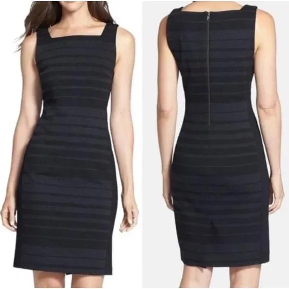 Eileen Fisher Black Striped Square Neck Stretch Bodycon Straight Dress Women's 8 - Image 2