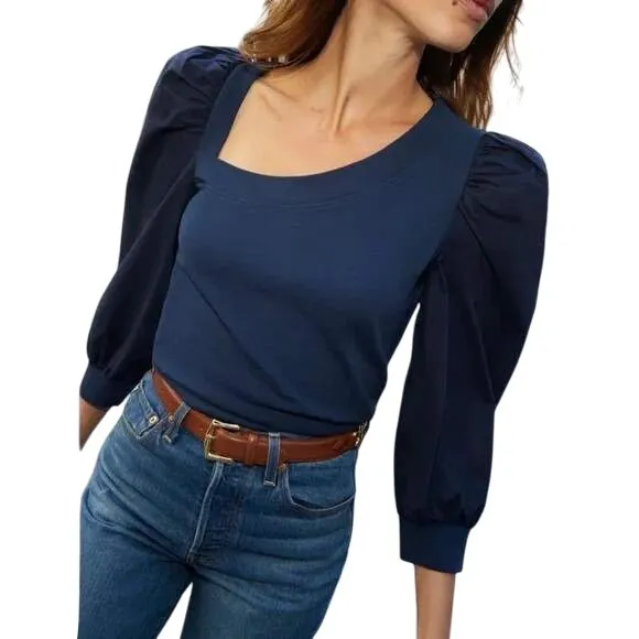 Nation LTD Dark Women's Blue Cotton Puff Sleeve Square Neck Blouse Top Size M - Image 3