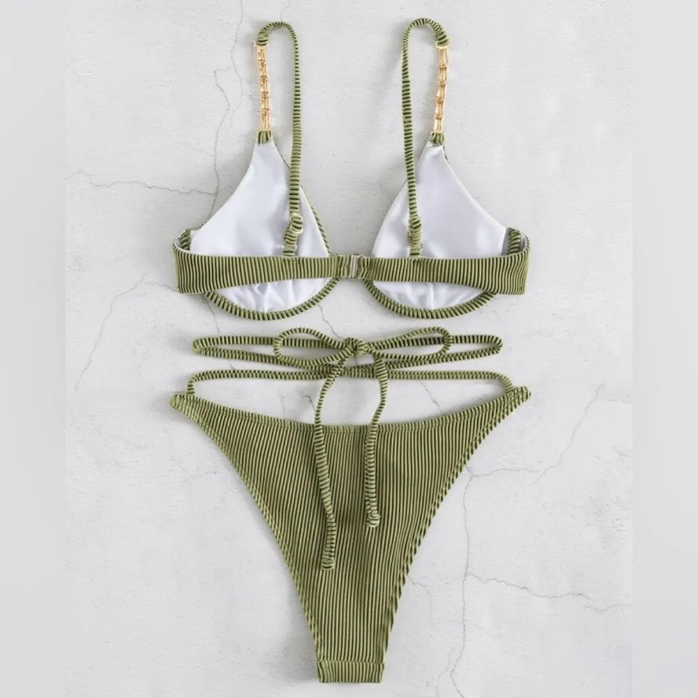 SHEIN Ribbed Chain Linked Lace Up Underwire Bikini, Green, Size S, NWOT - Image 3
