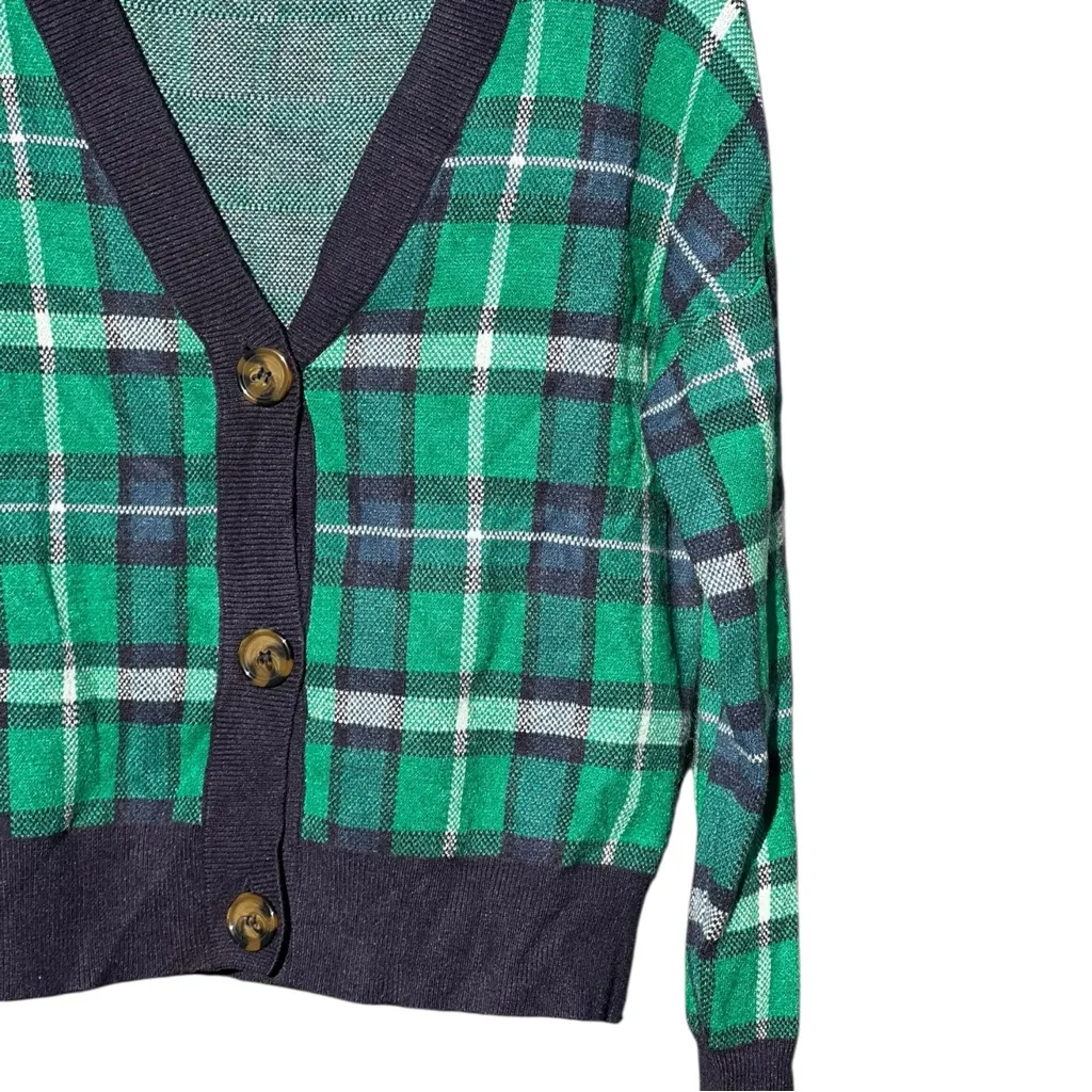 Marled Plaid Green and Navy Women's Sweater cardigan In Size M Size M - Image 6